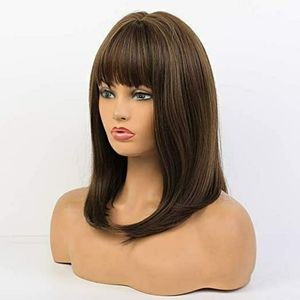 Highlight Wigs with Bangs Medium Length 18 Inch